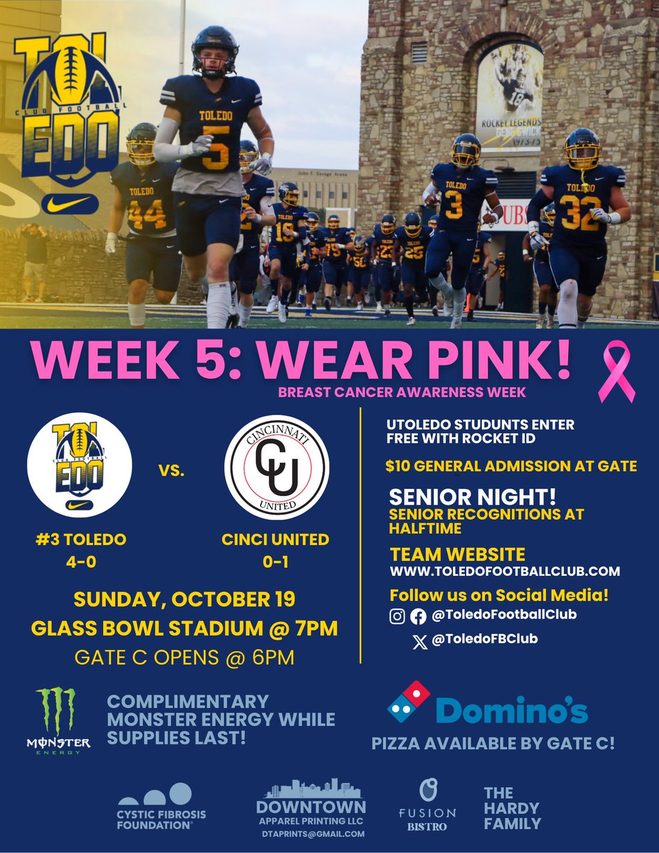 Rocket Nation! 🚀

Help us fill the stands this Sunday at the Glass Bowl as we compete for a chance to go 5-0 and recognize our seniors at halftime! 

Wear Pink for breast cancer awareness month! 

Free parking after 5pm
Gate C opens at 6pm