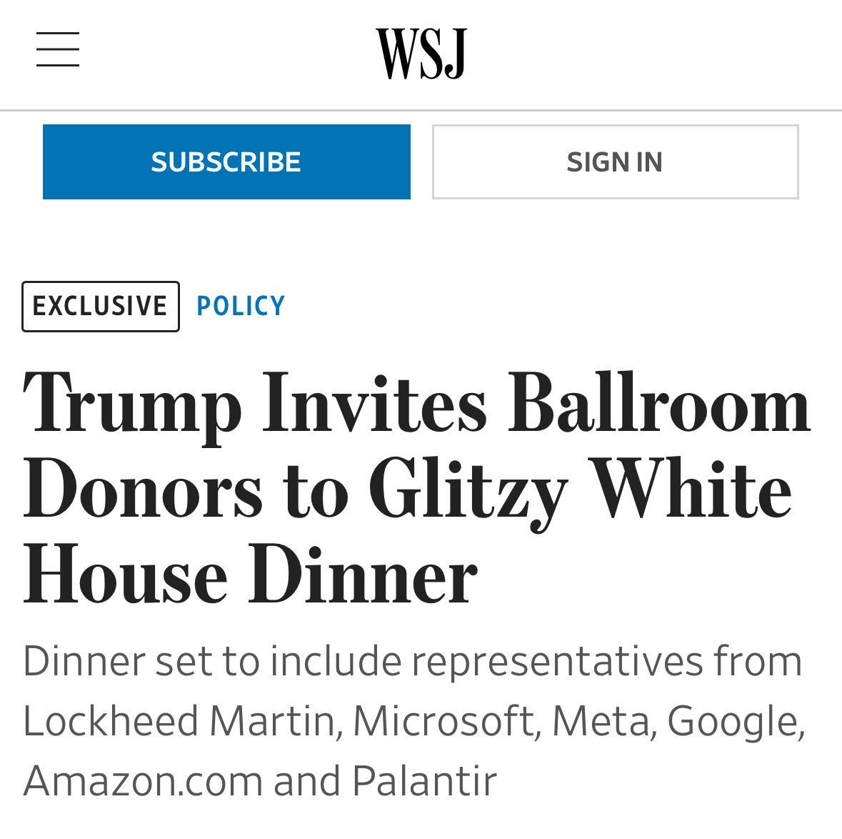 ewarren's tweet image. What are these billionaires and giant corporations getting in exchange for donating to Donald Trump's $200 million ballroom?
Do they think we're dumb enough to believe they're giving their money away for free?