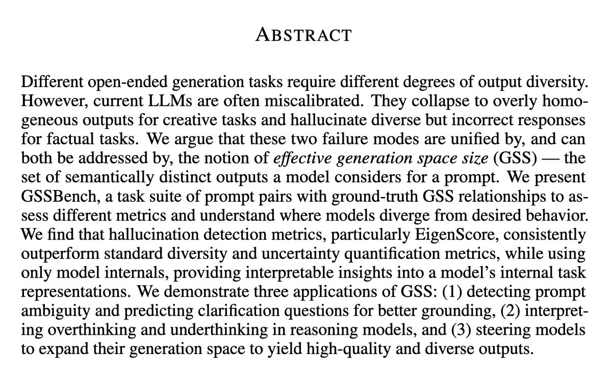 fly51fly's tweet image. [CL] Generation Space Size: Understanding and Calibrating Open-Endedness of LLM Generations
S Yu, A Jabbar, R Hawkins, D Jurafsky... [Stanford University] (2025)
arxiv.org/abs/2510.12699