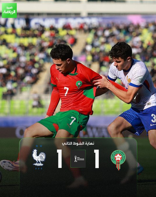 المباراة تتجه إلى الأشواط الإضافية. المغرب 1 (زابيري) فرنسا 1 (ميشيل). نصف نهائي كأس العالم تحت 20 عاماً. ملعب إلياس فيغيروا براندر 