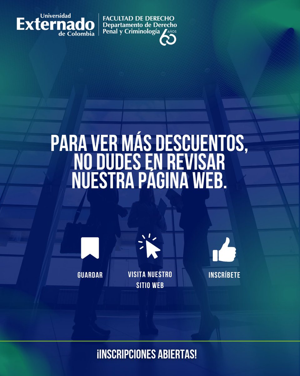 🎓 Maestría en Ciencias Penales y Criminológicas
Amplía tu formación y profundiza en los retos actuales del derecho penal y la criminología, de la mano de expertos del Departamento de Derecho Penal y Criminología del Externado.

💸 ¡Aprovecha nuestros descuentos especiales para