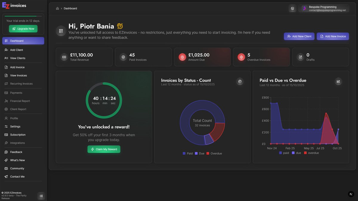bspkprgrmmng's tweet image. Dark or Light?
EZinvoices dashboard is getting shape. Clean, fast, and balanced in both modes. 

Full access. No clutter. Just invoicing done right. Built by a former accountant who got tired of bloated tools.  

#buildinpublic
#saas
#nextjs
#DesignInspiration
#uiux
#freelancers