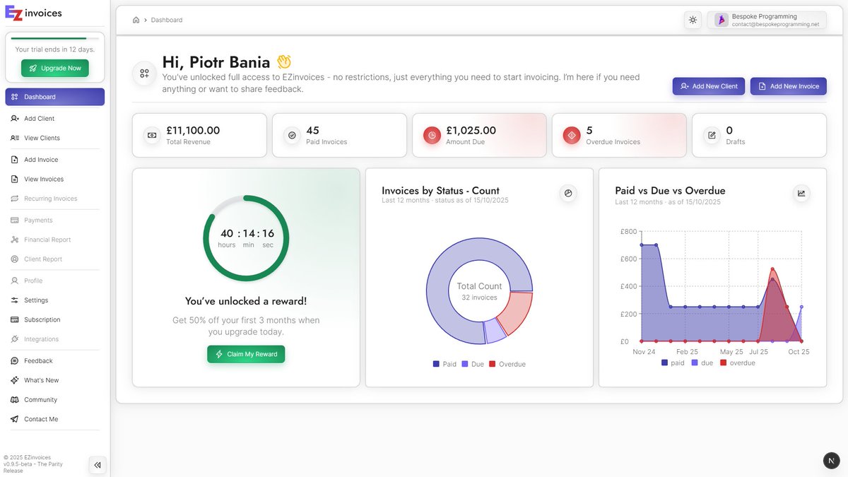 bspkprgrmmng's tweet image. Dark or Light?
EZinvoices dashboard is getting shape. Clean, fast, and balanced in both modes. 

Full access. No clutter. Just invoicing done right. Built by a former accountant who got tired of bloated tools.  

#buildinpublic
#saas
#nextjs
#DesignInspiration
#uiux
#freelancers