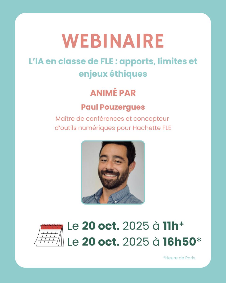📢 WEBINAIRE 📢

🎯 Paul Pouzergues vous propose des pistes pour identifier les apports de l’IA générative dans l’enseignement du FLE.

👉 S'inscrire :
Lundi 20 octobre 2025, 11h-12h :
shorturl.at/fiHZx
Lundi 20 octobre 2025, 16h50-17h50 :
shorturl.at/3V2Vd