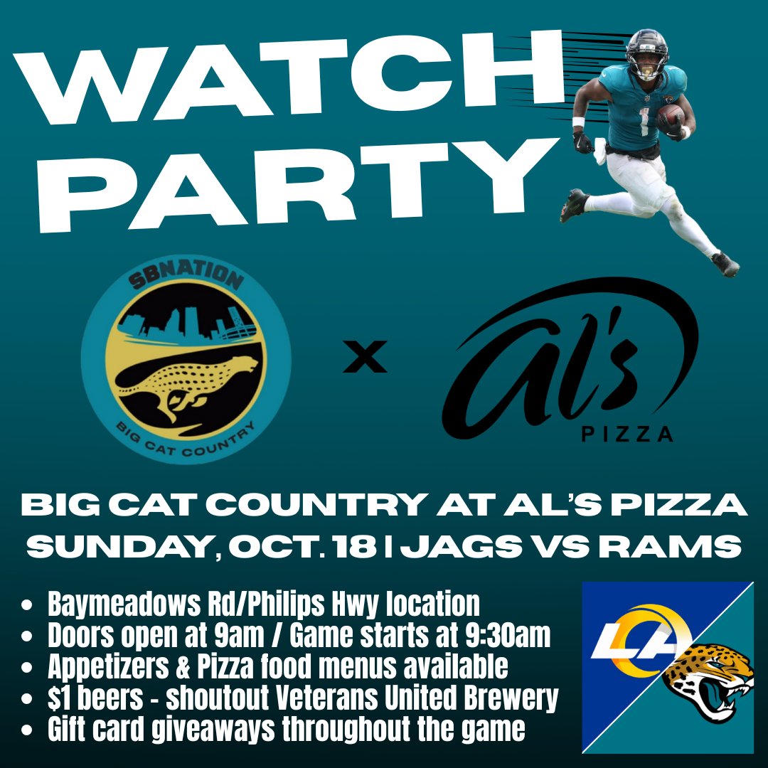 Let's watch the #Jaguars together -- what do you say?

Join Big Cat Country's staff at @AlsPizza (on Baymeadows) THIS SUNDAY at 9:30am to watch Jags vs Rams in London!

Beer will only cost $1 -- we'll see you there! 