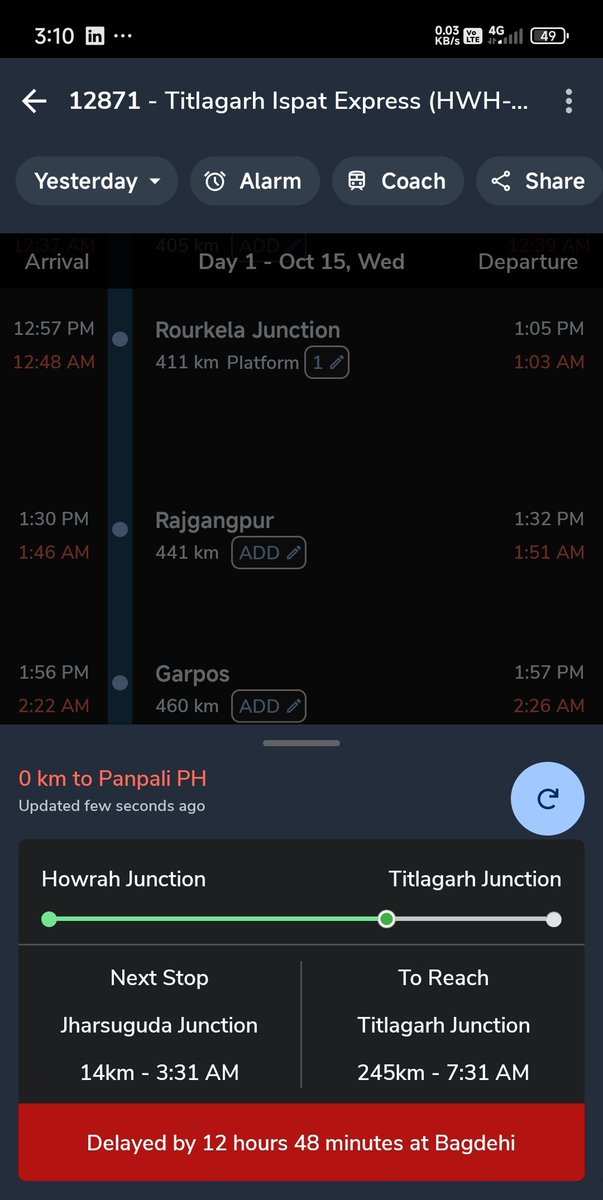 NorthOdishaRail's tweet image. Unbelievable!😳 12871 #Howrah–#Titlagarh #Ispat SF Exp running late 13 hrs ! Is it a train or a #nightmare ? Seems #LateDivisionKGP &amp;amp; #LateDivisionCKP competing to cause max #inconvenience  @RailMinIndia where’s the #punctuality that was promised? #MissionRaftaar #IndianRailways