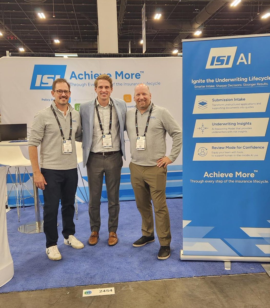 InsuranceSystms's tweet photo. We’re live at #ITCVegas! 👋

Catch Casey, Cameron &amp; Jevon at Booth #2454 — they’re sharing insights from our new whitepaper and how submission intake is just the beginning for ISI AI.

📘 Whitepaper → https://t.co/N4lY86xsKM

#ISI #InsurTech #CoreSystems #AI #AchieveMore https://t.co/qf4Dopd2DY