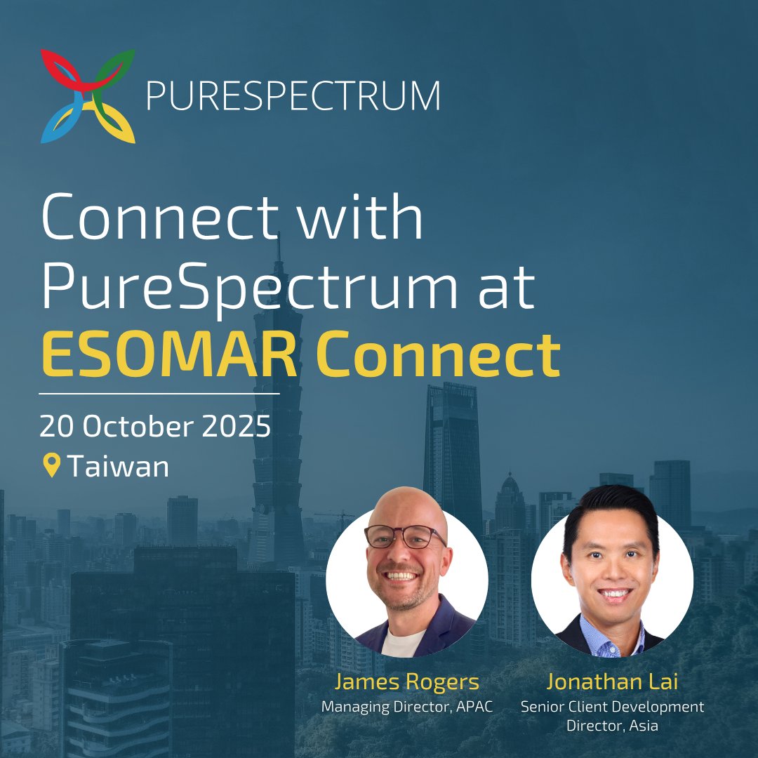 purespectrum_'s tweet image. Join James Rogers and Jonathan Lai at #ESOMARConnect Taiwan on 20 October 2025. We look forward to seeing everyone! #PureSpectrum
