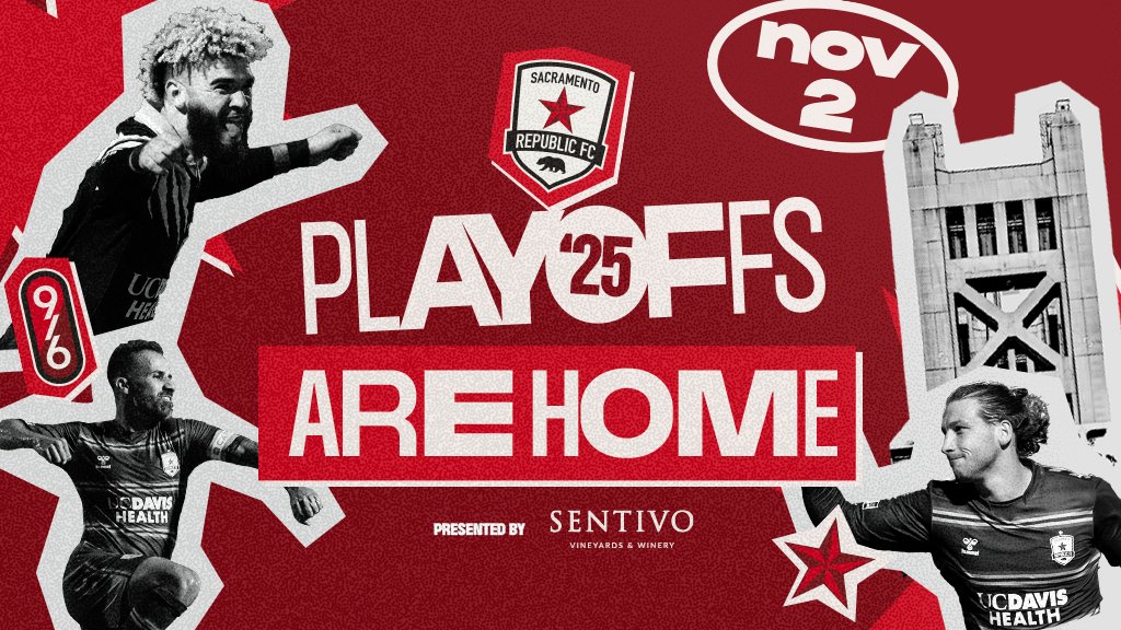 Playoffs are coming to Sacramento! 🏠
The USL has confirmed Republic FC is guaranteed a top-four finish in the Western Conference

Tickets go on sale Thursday, October 16 at 1 PM. Text PLAYOFFS to (916) 755-6334 or click the link in our bio to be the first to know when tickets