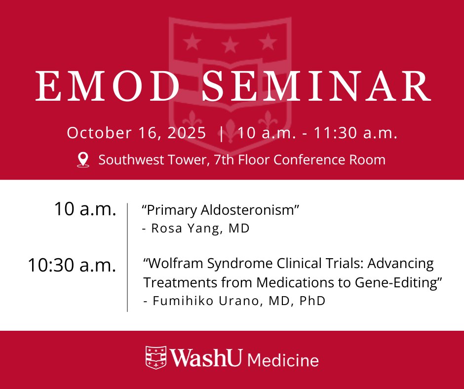 Join us tomorrow, October 16 at 10am for the Endocrinology, Metabolism, Obesity and Diabetes Seminar to see presentations by Rosa Yang, MD and Fumihiko Urano, MD, PhD: bit.ly/3qZZmsZ. #WashUMed