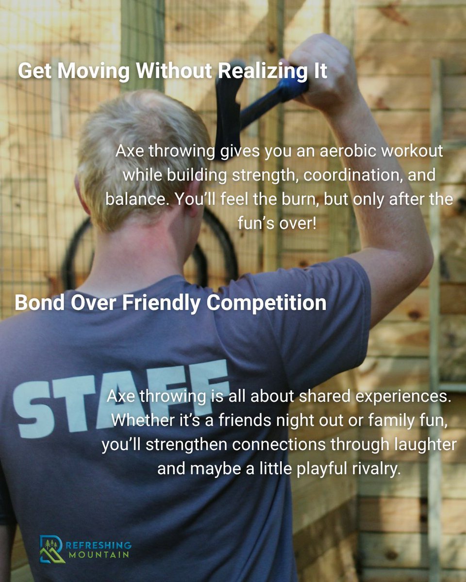 RefreshingMount's tweet image. Looking to add a little adventure to your day?
Try outdoor axe throwing at Refreshing Mountain! Designed for ages 13 and up, this fun add-on includes 30 minutes of unlimited throws for only $15 per person.
Reserve your spot today: refreshingmountain.com/activities/axe…