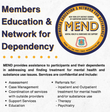 NYC District Council of Carpenters (@carpentersnyc) on Twitter photo Union strong means standing together on and off the job. 
If you or a loved one are facing substance use or mental health struggles, the MEND program is here for you with confidential, professional support. Union strong means standing together on and off the job. 
If you or a loved one are facing substance use or mental health struggles, the MEND program is here for you with confidential, professional support.