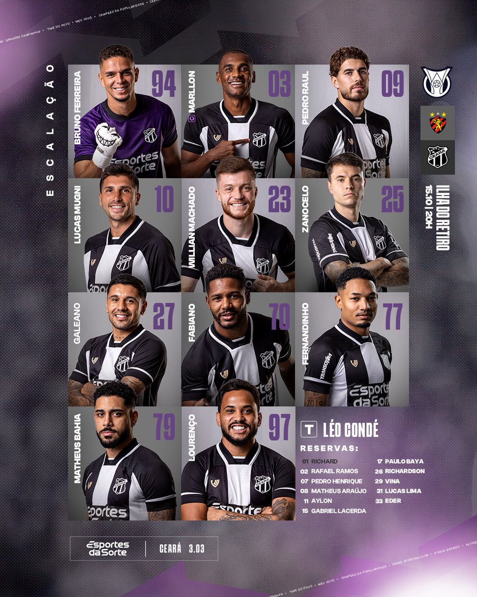 CearaSC's tweet photo. Escalação do Vozão para a 28ª rodada do Campeonato Brasileiro! 🏁📋

#CearáSC #Brasileirão2025 https://t.co/sudLkD0n9V