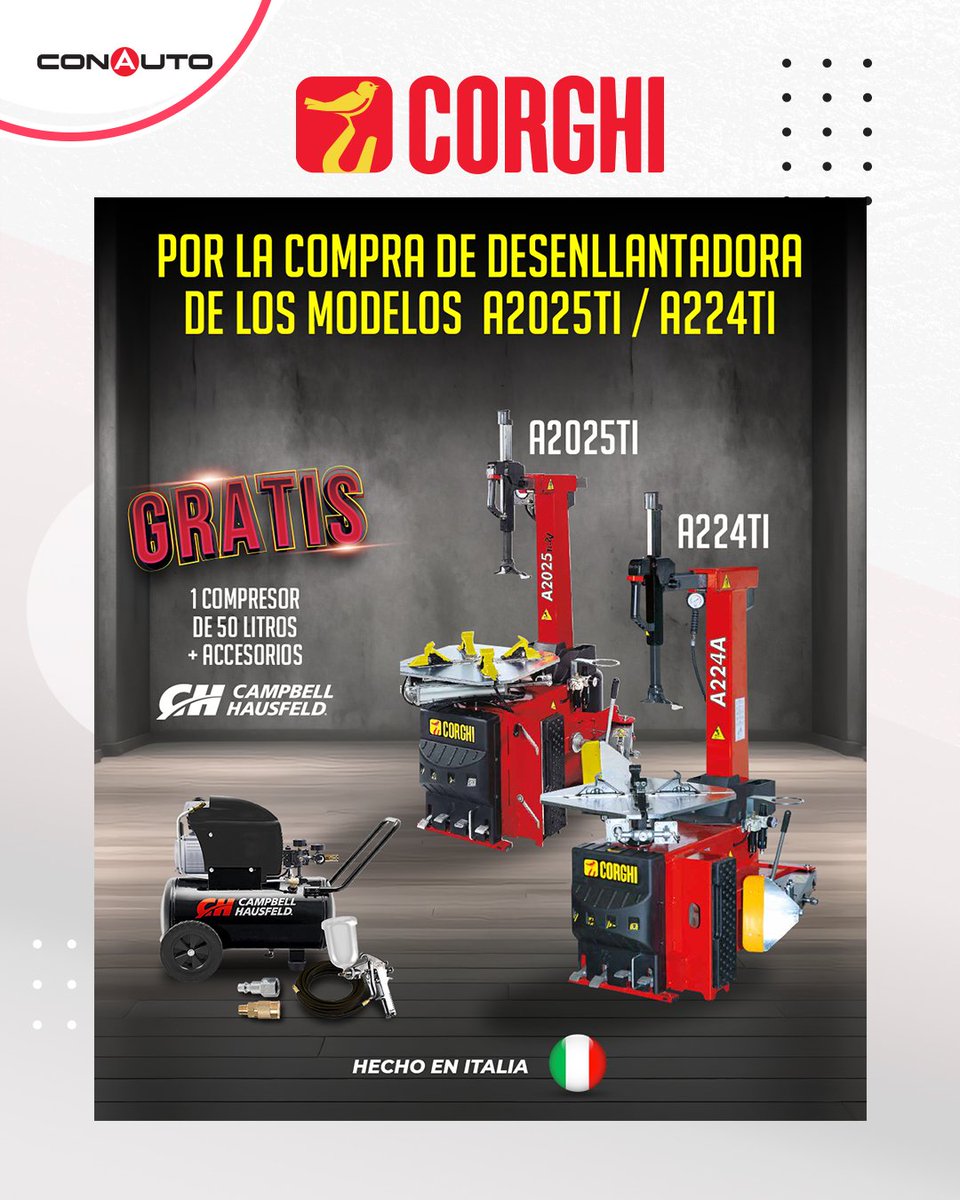 ConautoEC's tweet image. 💥 ¡Tu taller merece lo mejor!
Compra una desenllantadora Corghi A2025TI o A224TI y recibe GRATIS un compresor Campbell Hausfeld de 50 L con accesorios 🔧💨

Calidad, potencia y confianza para quienes viven la pasión por los autos ❤️

#Corghi #CampbellHausfeld #Promo #Conauto