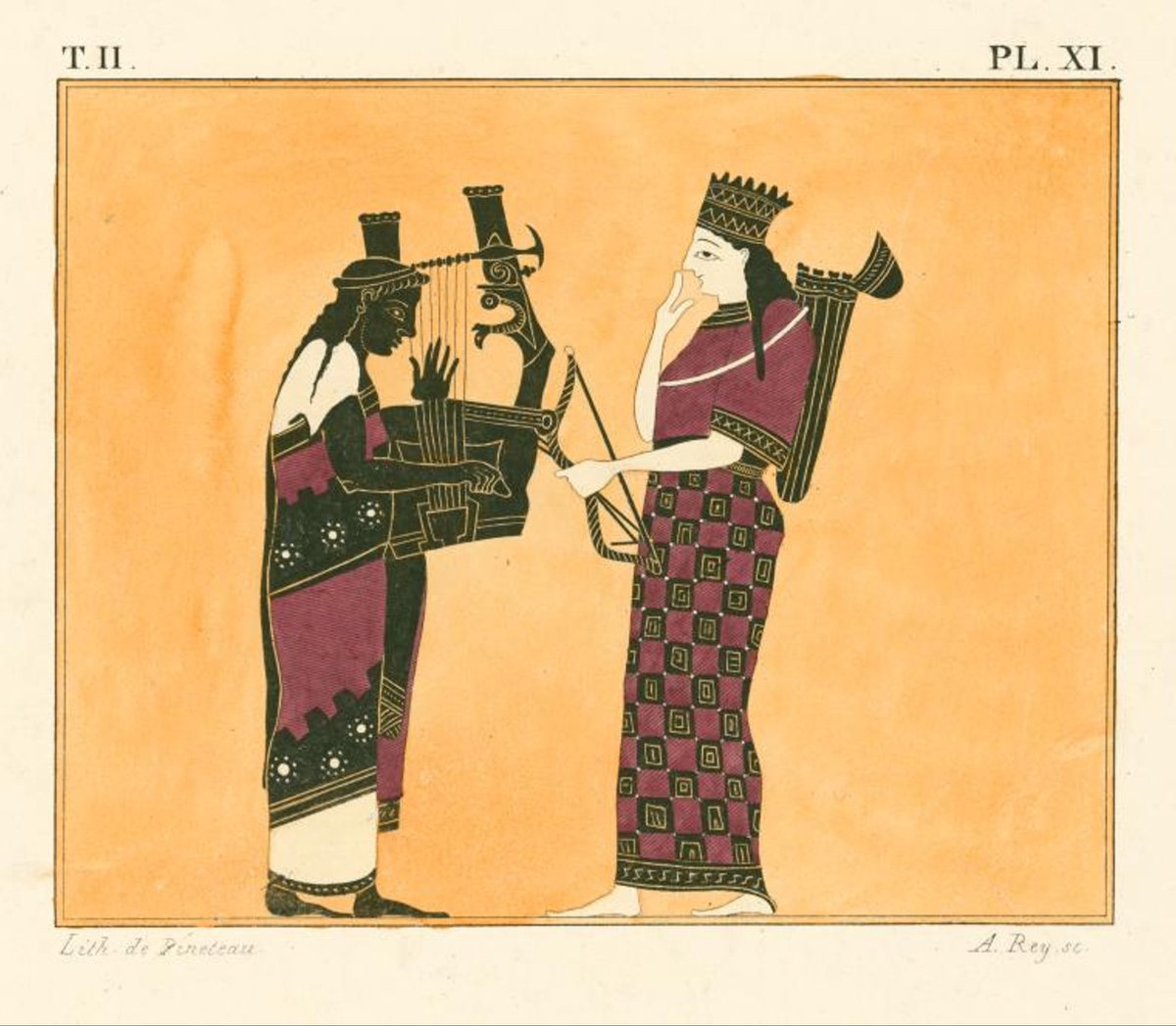 Apollo playing the cithara, and Artemis holding a bow and arrow.

Engraver: Rey, A. 
Lithographer: Bineteau, P.