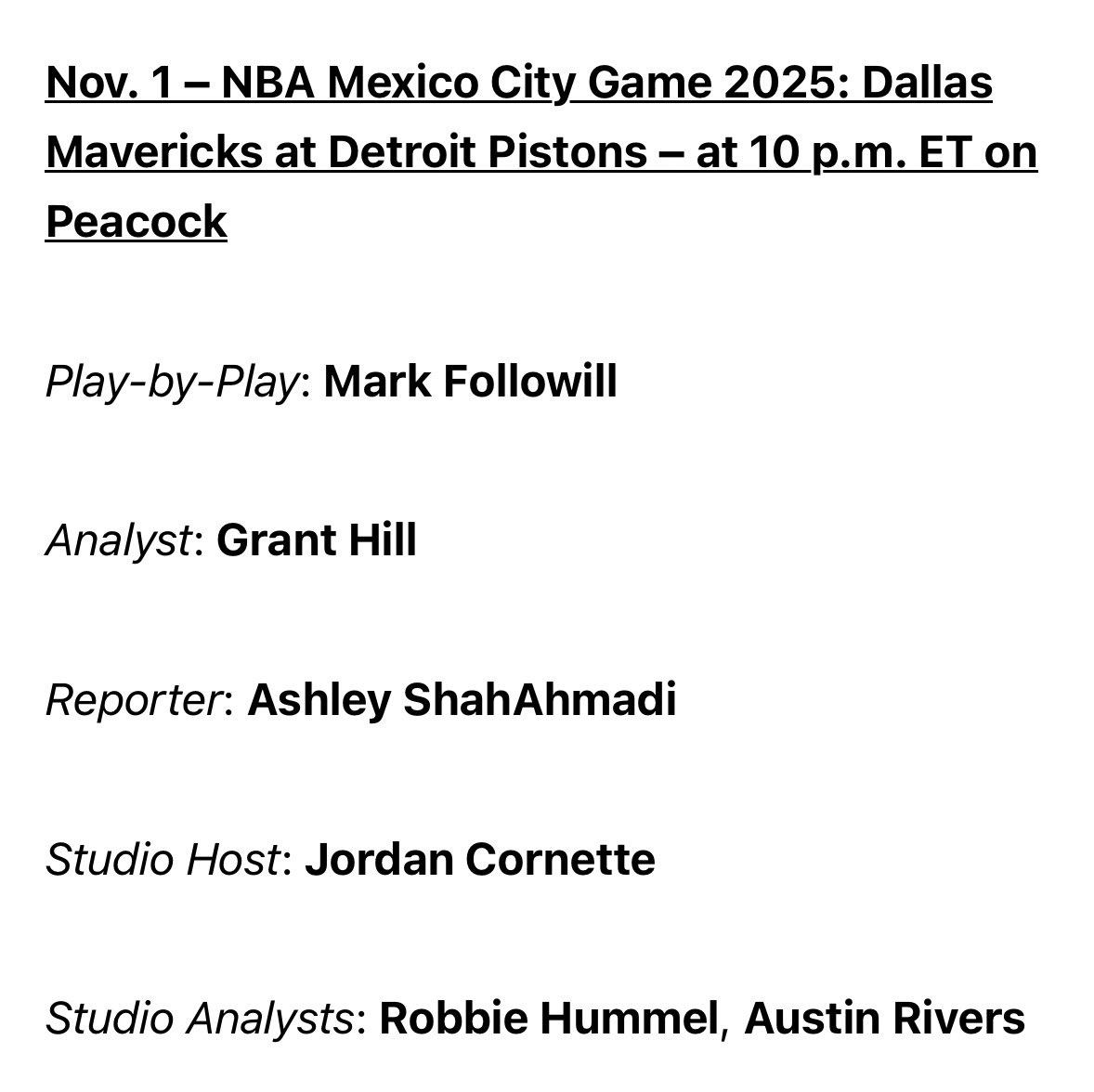 Immensely excited to be joining the outstanding NBA on NBC/Peacock team for some games this season, starting with the Peacock broadcast of Mavs vs Pistons in Mexico City on Nov. 1st with this great crew! Still doing Mavs of course and as these games happen I’ll share here. 🏀📺