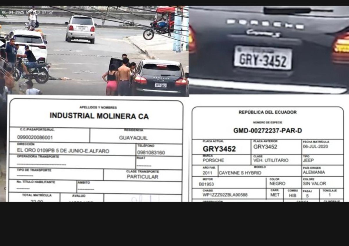Ni Netflix se atrevió a tanto.
Todo con videos, fotografías y documentos oficiales:
Un porsche cayenne propiedad de Industrial Molinera (familia Noboa), llegó a la casa del principal sospechoso por el atentado con bomba en la Bahía en junio de este año (que luego fue sobreseído