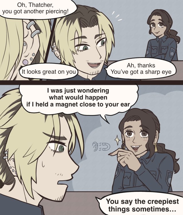 Thank you for the request! :3 I love when characters interact so I drew both hehe 
I kinda see Thatcher as the second unlucky guy type.
And Ruth? With that smile, she totally seems like the type to drag Thatcher around 😂
#ruthweaver
#thatcherdavis