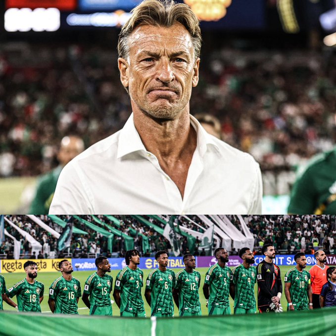 A middle-aged man with blonde hair and a serious expression sits on a bench wearing a white dress shirt, with a blurred stadium crowd and scoreboard in the background. Below the image, the Saudi Arabian national soccer team in green jerseys with numbers like 6, 9, 10, and 16 kneels on the green field during a match, surrounded by stadium seating and advertising banners including Adidas and Qatar Airways.