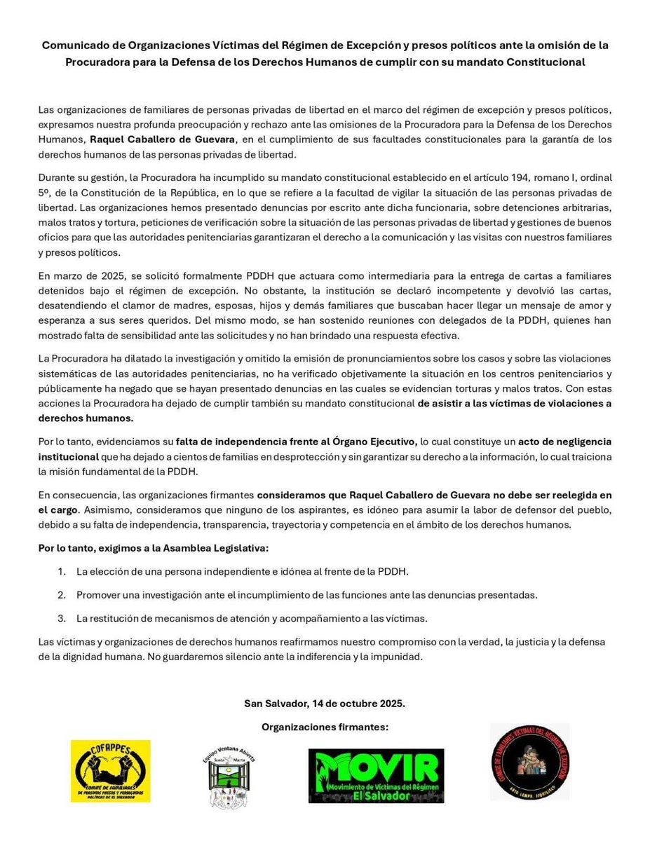 Red Informativa de Arpas (@arpassv) on Twitter photo #DerechosHumanos| Organizaciones de sociedad civil exigen que Raquel Caballero de Guevara no sea reelegida como procuradora de la <a href="/PDDHElSalvador/">PDDH El Salvador</a>. Denuncian que ha incumplido su mandato y no ha atendido las violaciones a derechos humanos. #DerechosHumanos| Organizaciones de sociedad civil exigen que Raquel Caballero de Guevara no sea reelegida como procuradora de la <a href="/PDDHElSalvador/">PDDH El Salvador</a>. Denuncian que ha incumplido su mandato y no ha atendido las violaciones a derechos humanos.