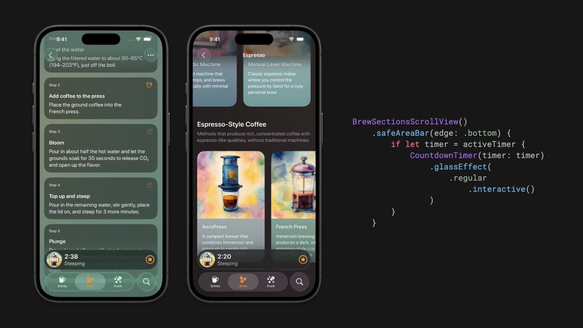 In the first version of <a href="/BreveCoffeeApp/">Breve</a> I placed timers in the tab view’s bottom accessory, but it broke in iOS 26.1 beta. In the latest release, I switched to a custom view with an interactive glass effect. To keep it always visible above the tabs, I used safeAreaBar().