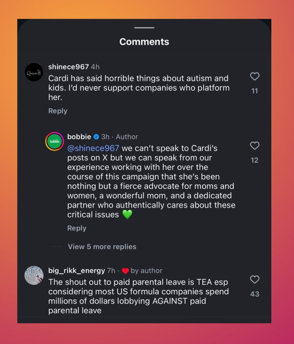 Bobbie defends their decision to partner with Cardi B after a Nicki Minaj fan dropped a negative comment about her on their post. 

"we can't speak to Cardi's posts on X but we can speak from our
experience working with her over the
course of this campaign that she's been nothing