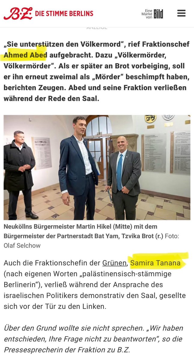 WolfMalca's tweet photo. „Mörder, Mörder“ so begrüßt der LINKE Fraktionschef in Berlin-Neukölln, AHMED ABED, den israelischen Bürgermeister der Partnerstadt Bat Yam

Seit fast 50 Jahren verbindet Neukölln und 
Bat Yam eine Städtepartnerschaft. 
Jetzt ist Bürgermeister Tzvika Brot (45) in der Hauptstadt, besuchte Mittwochabend die Bezirksverordnetenversammlung (BVV) im Rathaus an der Karl-Marx-Straße.

Was ihm da passierte, kann man sich nicht vorstellen.

Gestern ZOHRA MOJADEDDI
Sprecherin für Wirtschaftspolitik bei den GRÜNEN in Hamburg, die mit Israelhasser-Posts auffällt.

Heute SAMET YILDIZ , Fraktionschef der GRÜNEN, der seinen Job beim Verfassungsschutz wegen angeblicher Nähe zu türkischen Rechtsextremen aufgeben musste und nun Oberbürgermeister von Kiel werden will.

Derweil will Entwicklungsministerin 
REEM ALABALI-RADOVAN, SPD, 200 Mio Steuergelder nach Gaza schicken. 

Und nun das.

BUNT macht mir als Jüdin mittlerweile Angst.

https://t.co/yWTGs552KA