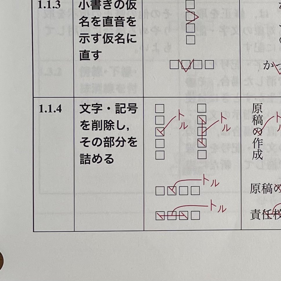 s_mogura's tweet photo. JIS（日本産業規格）による「印刷校正記号　JIS Z 8208」には、「文字・記号を削除し、その部分を詰める」のに「削除部分を示し、引出し線の先に“トル”と指示する」とある。加えて「許容できる使い方」として「削除した部分について詰めることを明確にするために“トルツメ”と記してもよい」と。 https://t.co/35pAHOr73X