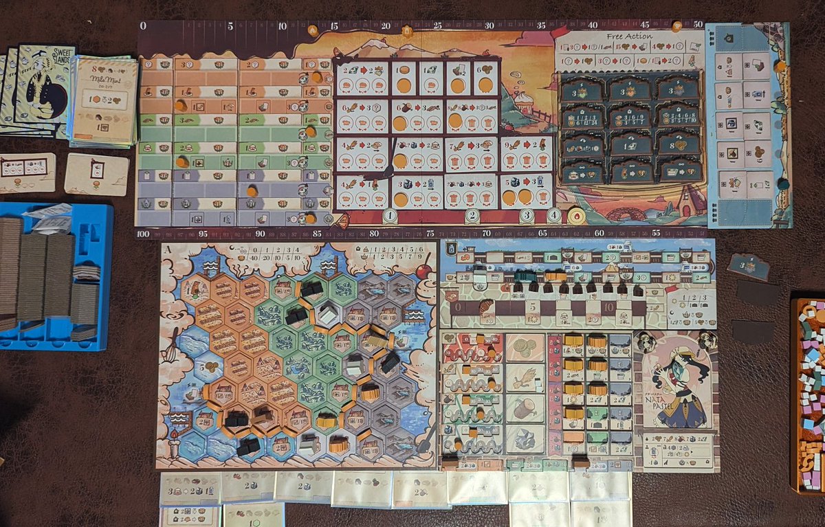 thirdender's tweet image. Final state of first solo game of @uchibacoya&apos;s Sweet Lands! 229 points with Nata Pastel focused on industry track. I see why so many people are enjoying this as a solo game, I&apos;m curious how well it plays with several players. Is very thinky, and I am AP prone :-)