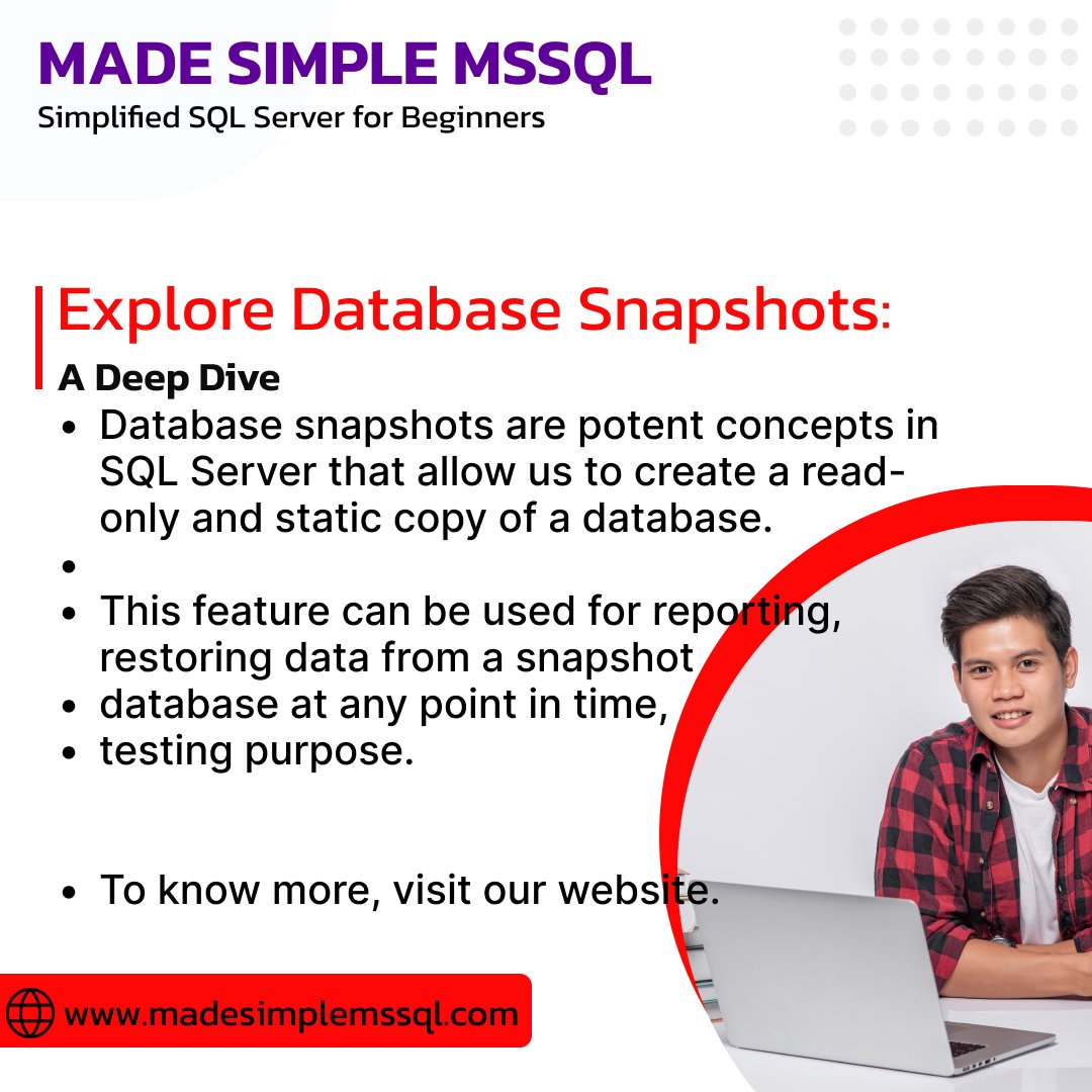 gsumita23's tweet image. Database snapshots are potent concepts in SQL Server that allow us to create a read-only and static copy of a database. Let&apos;s Explore Deeply:
madesimplemssql.com/database-snaps…

#data #database #madesimplemssql #sqldeveloper #sqldatabase #sqldba #DBA #DBAProgram #SQL #patlama #SqLArt #eu