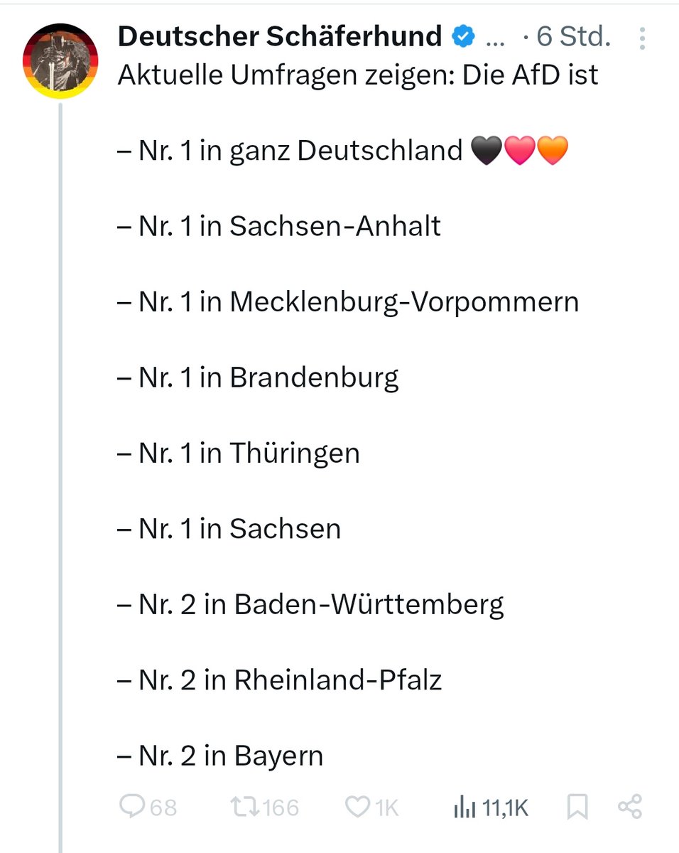 Lisa 🇩🇪🇺🇦🇪🇺🌍🕊 (@lisa_viaalpina) on Twitter photo Der Account heißt "@ Deutscher Schäferhund" und sein Post ist ein
Paradebeispiel für propagandistische Vereinfachung. 
Und wie ein gut dressierter Hund apportiert er, was ihm hingehalten wird: Umfragen, die er nicht versteht, und Farben, die er nicht einordnen kann.
🖤❤️🧡 , das Der Account heißt "@ Deutscher Schäferhund" und sein Post ist ein
Paradebeispiel für propagandistische Vereinfachung. 
Und wie ein gut dressierter Hund apportiert er, was ihm hingehalten wird: Umfragen, die er nicht versteht, und Farben, die er nicht einordnen kann.
🖤❤️🧡 , das