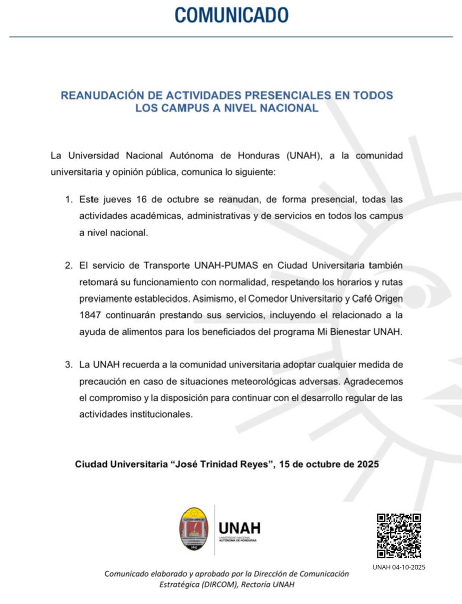 🔴 La #UNAH informa que se reanudan sus clases de forma presencial a partir del jueves 16 de octubre en todos los campus.

📺📻 ¡Sintonícenos! 8:00 P.M. por #SuyapaTV y #LaVozdeSuyapa