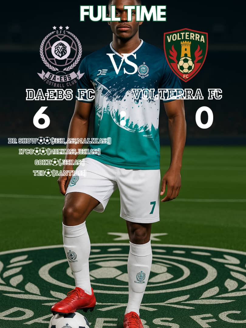 🔥 FULL-TIME AT THE ARENA! 🔥

What. A. Performance! 💥
DA-EBS FC completely dismantled Volterra FC in a 6️⃣–0️⃣ thriller that lit up the pitch today!
From start to finish, it was dominance, precision, and pure team spirit from the boys in green and white. 💚🤍