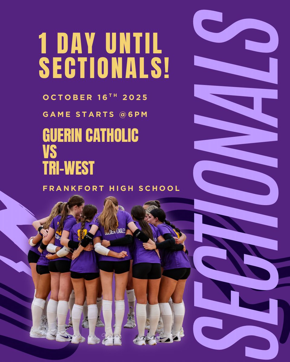 1 Day Until Sectionals 🏐

It’s almost time! Guerin Catholic Volleyball heads to Frankfort High School tomorrow to take on Tri-West.

Join us for the Sectional Send-Off as the Varsity team departs from Guerin Catholic — all volleyball families are welcome!

Bus departs: 3:30 PM