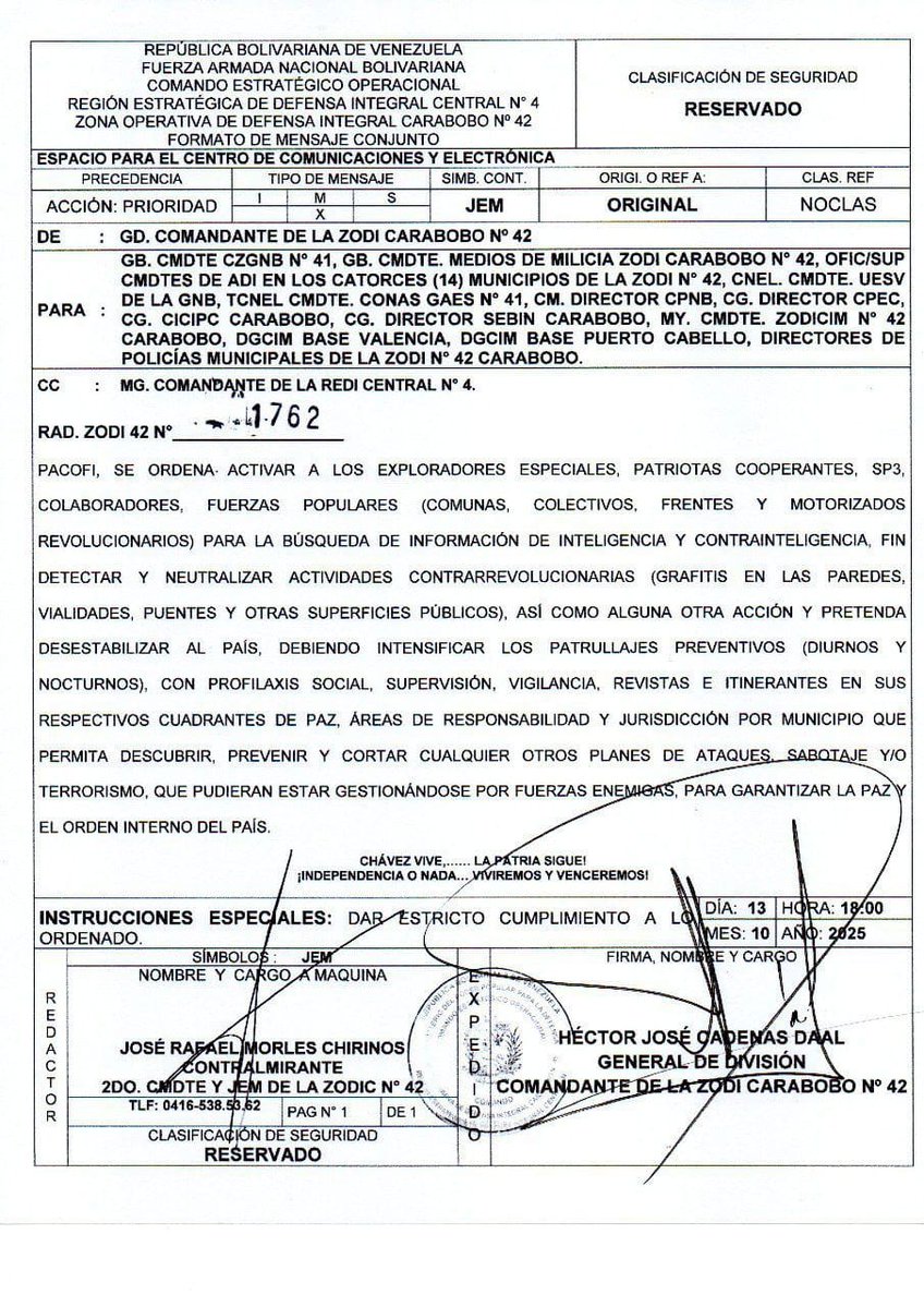 Cuando algún extranjero o incrédulo venezolano te diga que exageras, que en el país si se puede hablar y protestar. 

Muéstrale está orden de 
contrainteligencia y vigilancia a la población hasta por hacer un graffiti 🚨🇻🇪