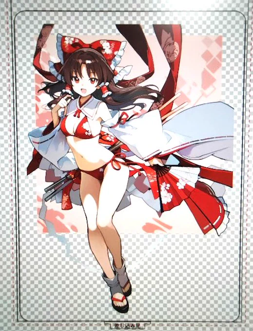 例大祭のアクスタ、依頼時のカットパス画像の艶服霊夢と艶服魔理沙です 霊夢は装飾が多く、絵が外まで見切れてるので真四角のクリアパネルのようにカットしました