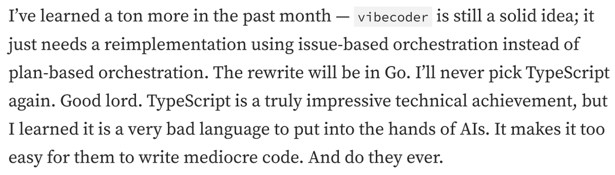 deepwatrcreatur's tweet image. Apparently Yegge is a Typescript skeptic. Many times I've looked and seen people talk about it as the language being used for AI pipelines. I've thought that if I had invested past two years in learning that, would be much more hireable right now. But there was no way to know