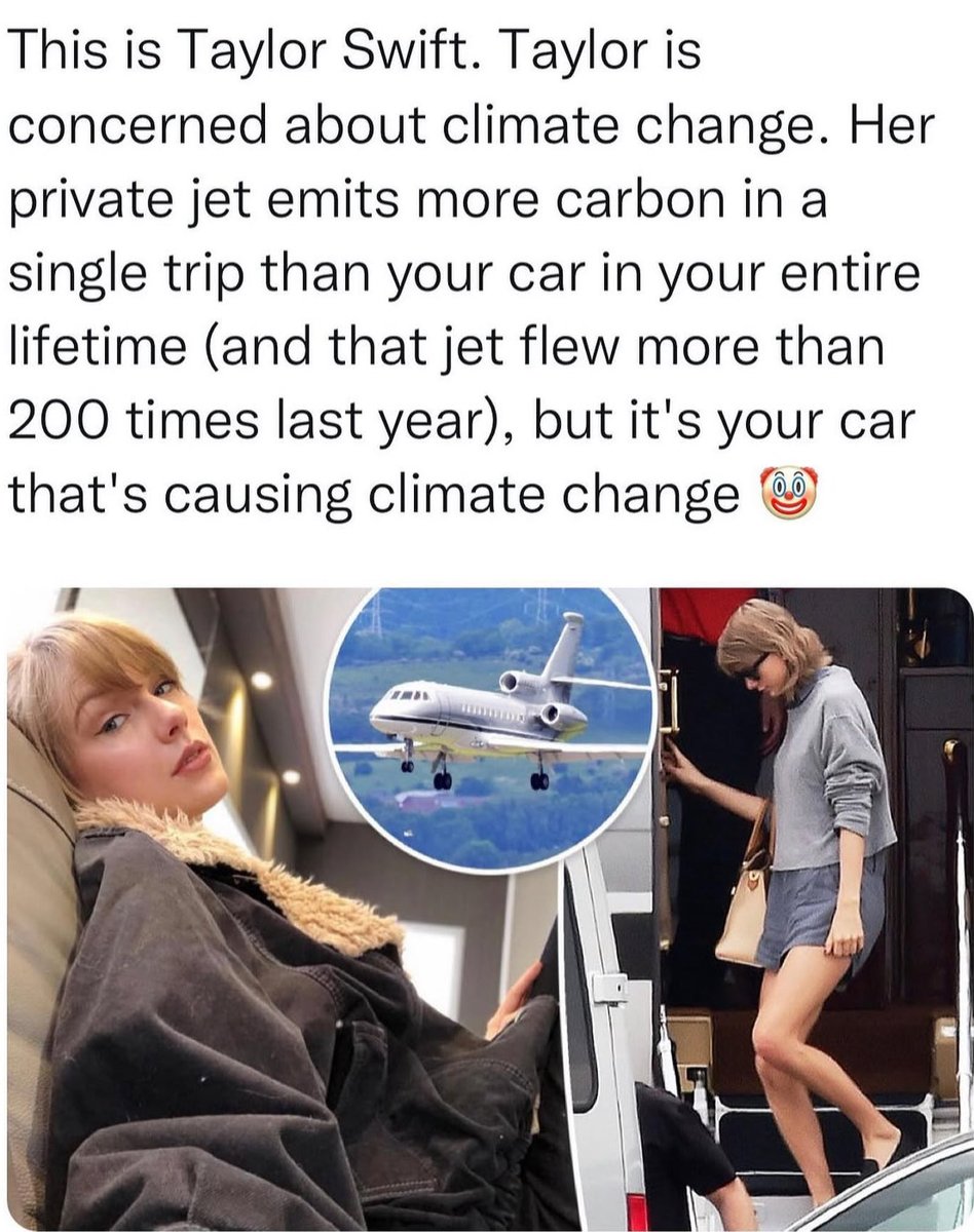 KatyKray73's tweet image. Taylor Swift wants to save the planet by YOU and your country making all the sacrifices. 👇🏽👇🏽😡