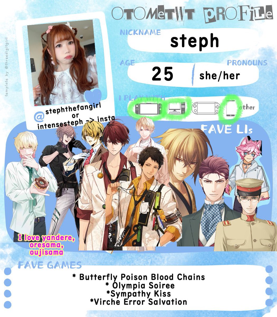 stephthefangirl's tweet image. Hello~ I’m Steph ✨

A girl who has too much time on her hands 🤭 I also LOVE love 🥰 I hope we can be friends ~~ #otometwtintro #otometwt #otomemoot #shoujomoots #otoge #seiyuu
