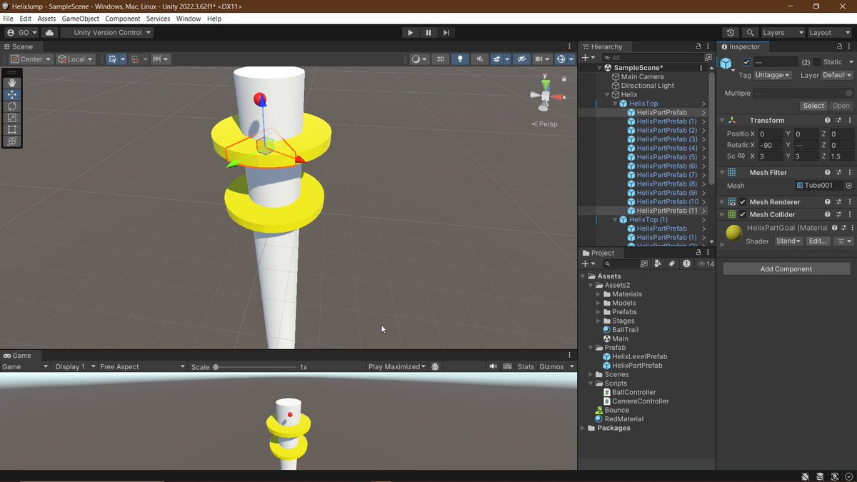 dcyberdude's tweet image. Day 45/102 — Helix Jump Clone 🌀
Wrapped up the design for the basic helix components and started scripting today!
Built the Ball Controller to make the ball bounce on contact and added a Camera Controller for smooth gameplay
#GameDev #Unity3D #102DaysOfGameUpAfrica @GameUpAfrica