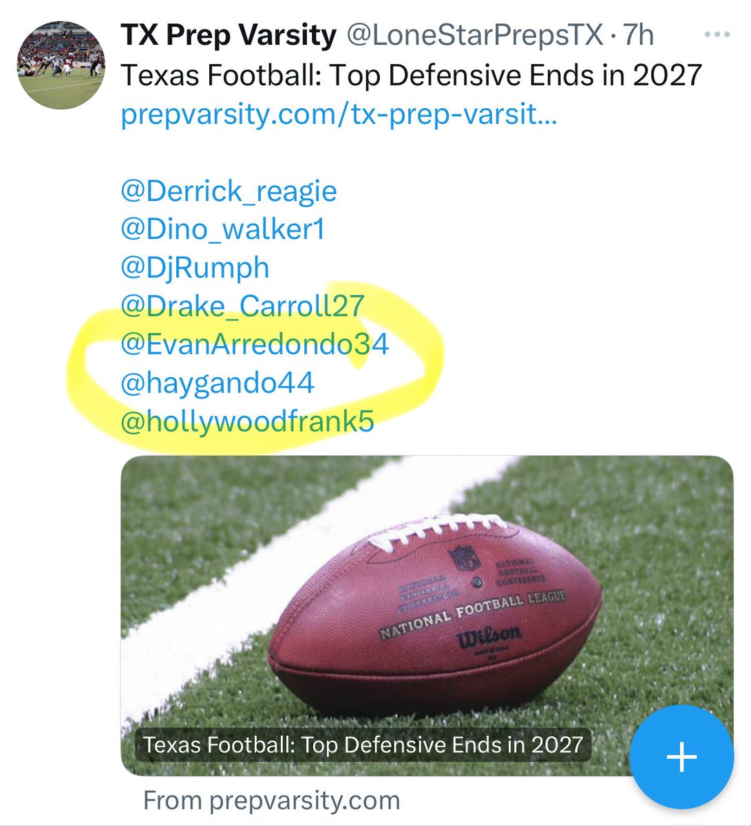 Thanks <a href="/LoneStarPrepsTX/">TX Prep Varsity</a> for ranking me as one of the Top 2027 DE’s in the state. 👊🏽🔥

<a href="/JHamon17/">Jimmy Hamon</a>, <a href="/coachdober/">Coach Dober</a>, <a href="/CoachCooperSLHS/">David Cooper</a>, <a href="/barton_coach/">Coach Barton</a>, <a href="/coach_barrios88/">Nick Barrios</a>, <a href="/7LHSFootball/">Seven Lakes Football</a>, <a href="/TrentonLuera14/">Trenton Luera</a>, <a href="/densilva02/">Dennis Silva II</a>, <a href="/dctf/">Dave Campbell's — TexasFootball.com</a>, <a href="/vypehouston/">VYPE Houston</a> , <a href="/BL33TV/">BL33</a> <a href="/JButler_210/">Josh Butler</a>, <a href="/HTownHSS/">H-Town High School Sports</a>, <a href="/FBUHouston/">H-Town</a>,