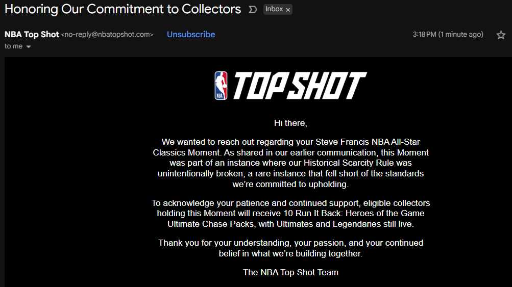 leet3_'s tweet image. Just got this from @NBATopShot. Its a decent gesture, but def not enough. Made over $200K selling these new packs. IMO TS should offer to buyback these moments for something closer to ASP. Not offer me $70 in unwanted packs. This moment is now worth the same as the new moment🤦♂️