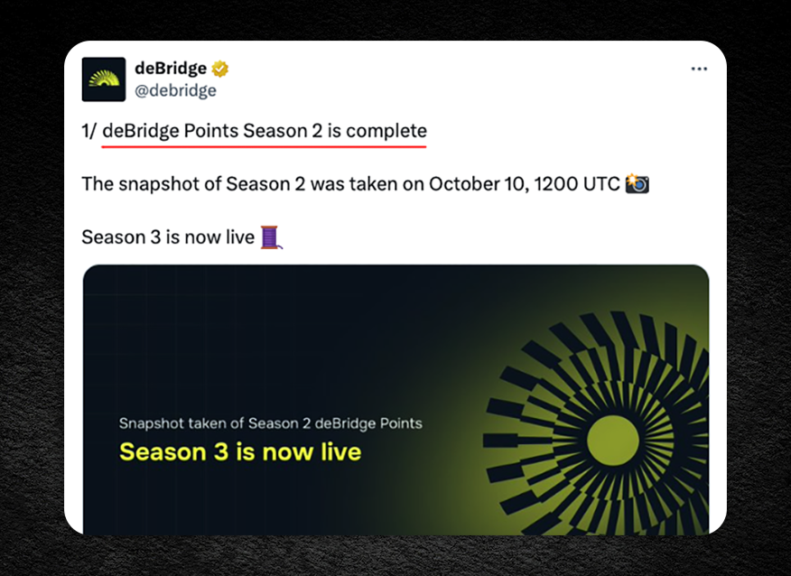 Crypto_Pranjal's tweet photo. deBridge Points Season 2 is Complete!

📸 Snapshot taken: October 10, 12:00 UTC

Distribution for Season 2 will happen after the community completes the first vote and decides what percentage of DBR will be allocated.

Season 3 is already live.

Earn points from your cross-chain bridging activity and qualify for the Season 3 airdrop. You earn 100 points for every $1 paid in bridge fees.

✅ Use deBridge: https://t.co/OUIG26WjeB

All users will get a 1.1x multiplier in Season 3 if they’ve completed at least two transactions in Season 1 or Season 2.

Don’t bridge just for the points. Bridge only when you actually need to, and take the rewards as a bonus.