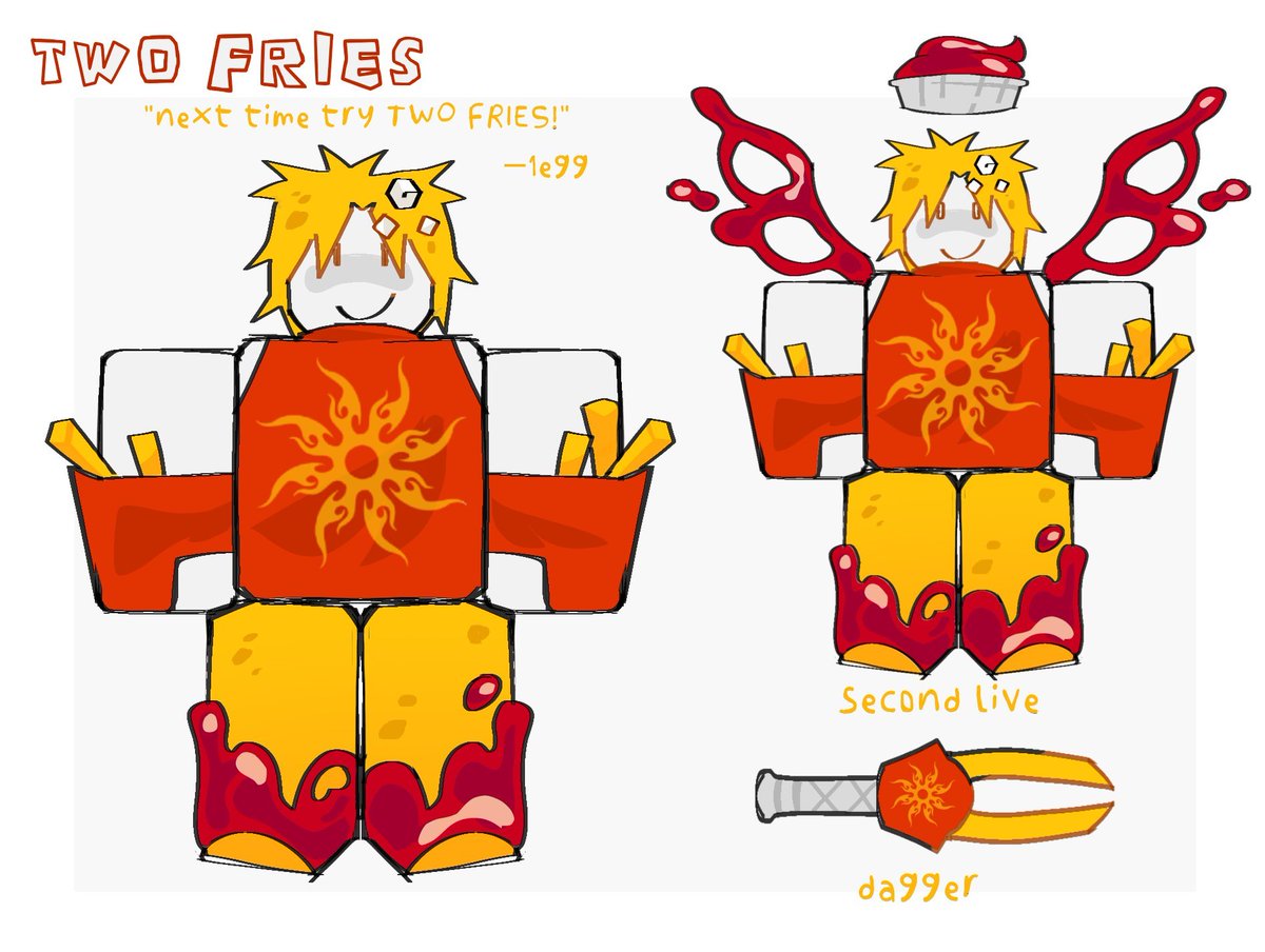 ❓Skin Concept❓

An UNOFFICIAL skin concept for Two Time, named "Two Fries"!
Made by: <a href="/frohlung/">froh🧛</a>!

#Forsaken #forsakenroblox #forsakenart