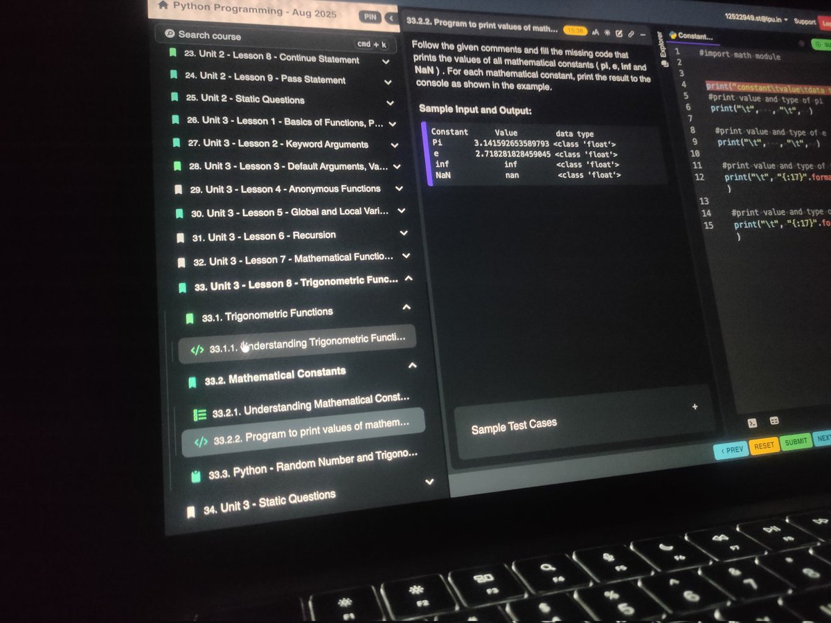 himanshu_ji_y's tweet image. Just wrapped up an all-nighter grinding through Codetantra's Python assignments—math constants, trig functions, and enough debugging to make pi feel rational. ☕🐍 Current status: eyes like inf, brain on nan. College life hits different at 4 AM. Who's with me? #Codetantra
