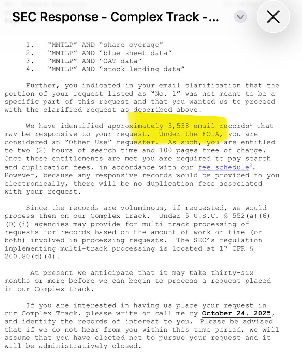 I got a FOIA showing 5,558 responsive emails about a share count — and yet you refuse to get answers.

Now you’re hiding behind old SEC allegations pushed by the prior compromised SEC democrats, while the actual CEOs are calling for a public hearing.
Think about that.

#MMTLP
