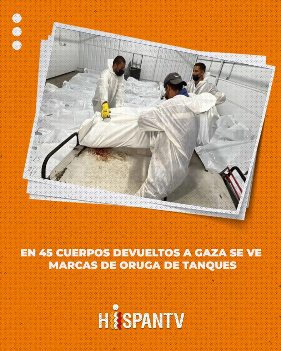Un ejemplo más de hasta dónde pueden llegar los israelíes en su genocidio contra el pueblo palestino. 
🇵🇸 Autoridades en Gaza informan que en los cuerpos entregados el martes por Israel se ve signos de abuso, torturas y marcas de las ruedas de oruga de los tanques.
<a href="/Nexo_Latino/">HispanTV</a>