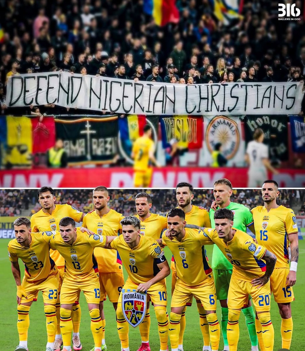 Romanian football fans display a banner reading "Defend Nigerian Christians" at their latest World Cup qualifying game.

Tens of thousands of Christians have been slaughtered by Islamic terror groups in Nigeria in recent years. 

The world falls largely silent.