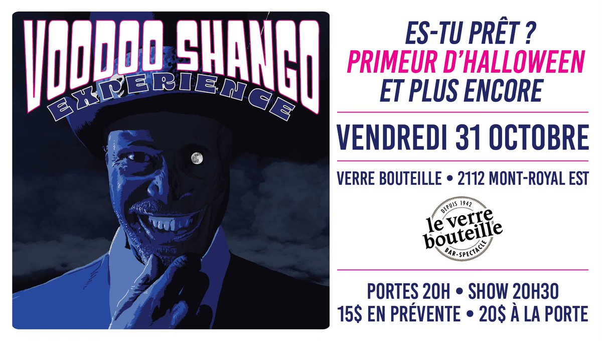 VoodooShangoExp's tweet photo. ***La tradition se poursuit! 😎☠️***

Pour une 6ième année consécutive, le Voodoo Shango Experience vous a préparé un nouveau show d'Halloween, juste pour l'occasion...

Déguisements extravagants encouragés et même glorifiés. C'est l'occasion idéale pour prendre le droit de vous lâcher lousse !

Ouverture des portes : 20h00
Spectacle : 20h30

15$ en prévente, 20$ à la porte.