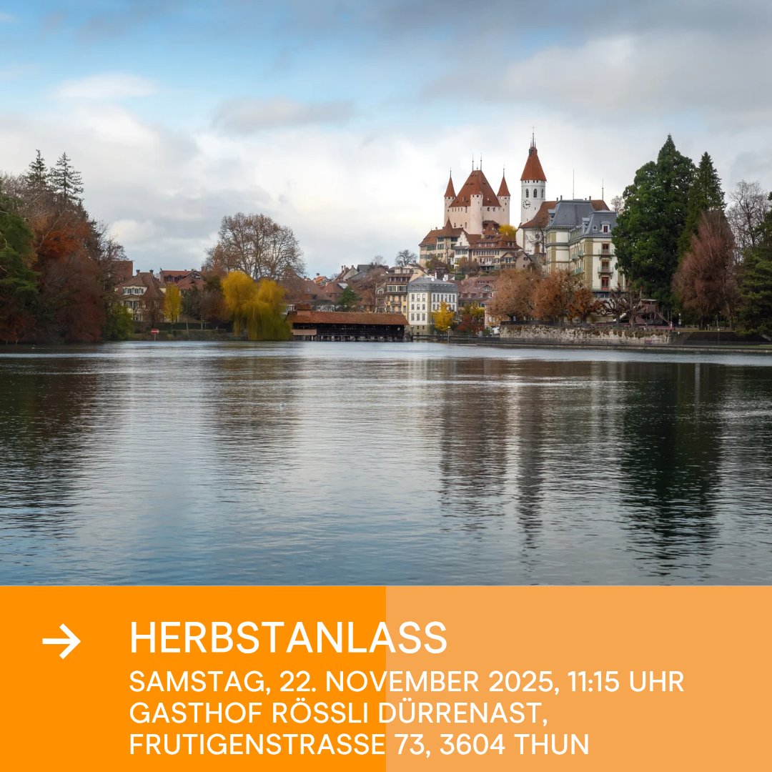 DieJungeMitteBE's tweet photo. Wir freuen uns, euch zu unserem tollen #Herbstanlass am Sa., 22. Nov. 2025, in Thun, einladen zu dürfen! Weitere Infos zum Mittagessen und der Führung stehen in der Anmeldung (Link in der Bio).
Unkostenbeitrag: CHF 15.- 
Anmeldeschluss: 15.11.2025
Bis bald 🎉
#DieJungeMitteBern https://t.co/VFBZIwMMlU